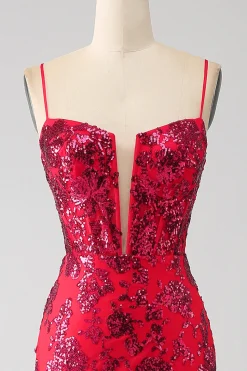 Sereia Vermelho Escuro Sequins Prom Dress com Fenda
