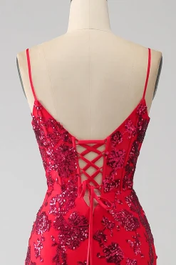 Sereia Vermelho Escuro Sequins Prom Dress com Fenda