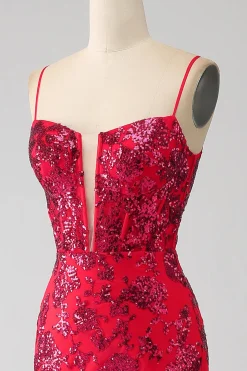 Sereia Vermelho Escuro Sequins Prom Dress com Fenda