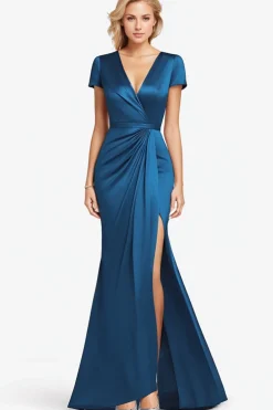 Sereia V-Neck Azul Ruched Mangas Vestido Mãe Comprimento Completo com Fenda