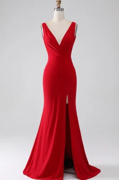 Sereia V-Neck vestido vermelho baile com fenda