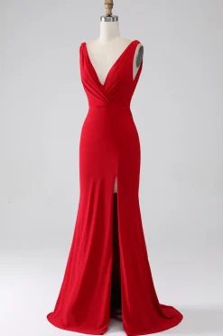 Sereia V-Neck vestido vermelho baile com fenda