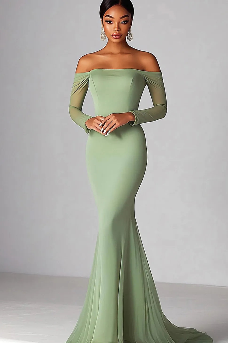 Sexy Sage Off the Shoulder Sereia Ruched Long Prom Dress com mangas compridas