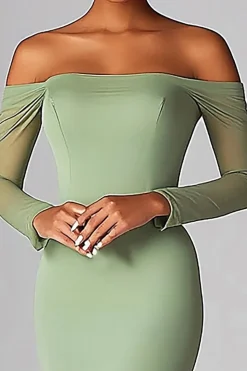 Sexy Sage Off the Shoulder Sereia Ruched Long Prom Dress com mangas compridas