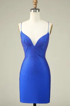 Sexy V pescoço azul espaguete alças Homecoming vestido com frisos