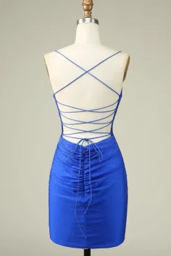 Sexy V pescoço azul espaguete alças Homecoming vestido com frisos