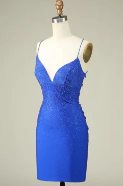 Sexy V pescoço azul espaguete alças Homecoming vestido com frisos