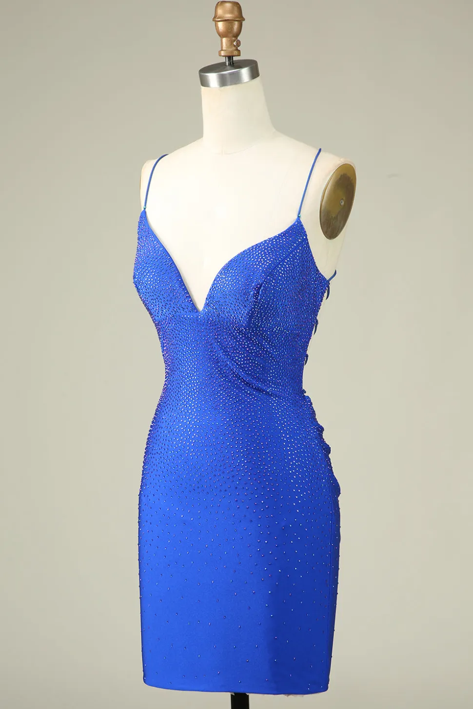 Sexy V pescoço azul espaguete alças Homecoming vestido com frisos