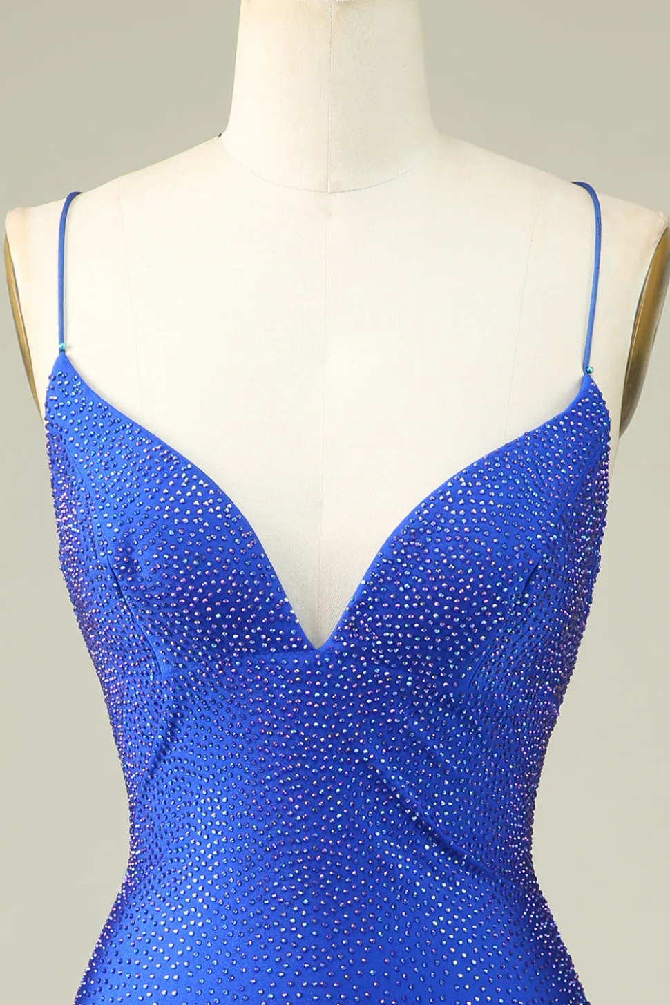 Sexy V pescoço azul espaguete alças Homecoming vestido com frisos