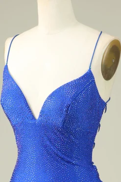 Sexy V pescoço azul espaguete alças Homecoming vestido com frisos