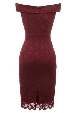 Sheath Off the Shoulder Burgundy Lace Dress
