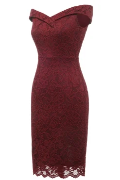 Sheath Off the Shoulder Burgundy Lace Dress