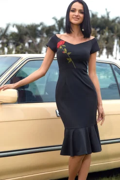 Sheath Off the Shoulder Black 1960s Dress