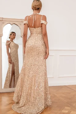 Sheath Off the Shoulder Champagne Sequins Party Dress com frente dividida