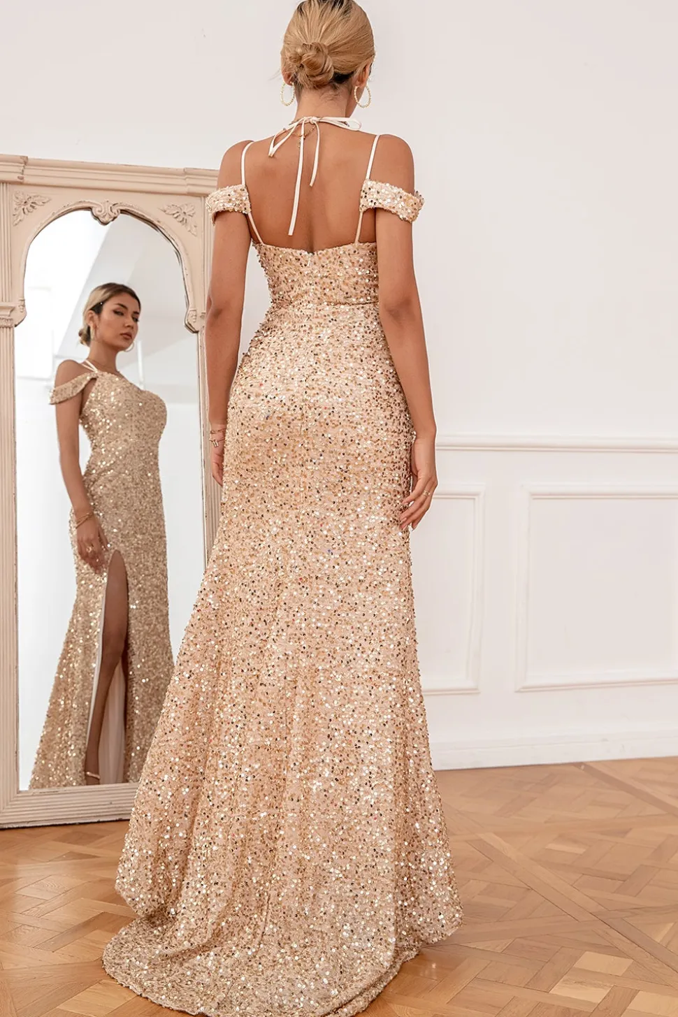 Sheath Off the Shoulder Champagne Sequins Party Dress com frente dividida