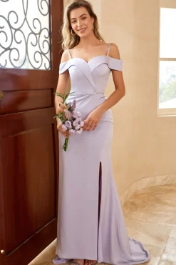 Sheath Off the Shoulder Lilac Long Bridesmaid Dress com frente dividida