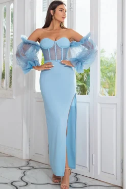 Sheath Off the Shoulder Sky Blue Prom Vestido Mangas Compridas
