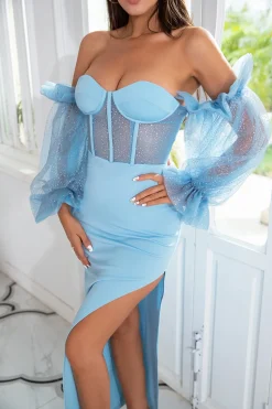 Sheath Off the Shoulder Sky Blue Prom Vestido Mangas Compridas