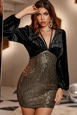 Short Bodycon Preto Dourado V-neck Vestido de festa de lantejoulas