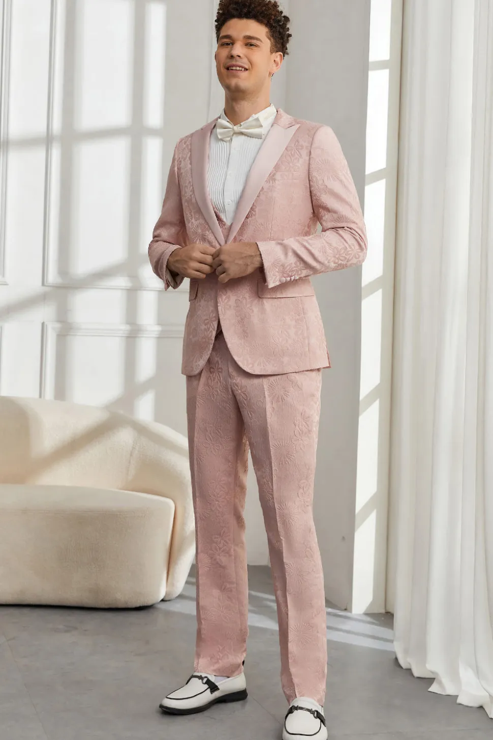 Silm Fit Pico Lapela Rosa Luz Jacquard Homens Fatos Homecoming