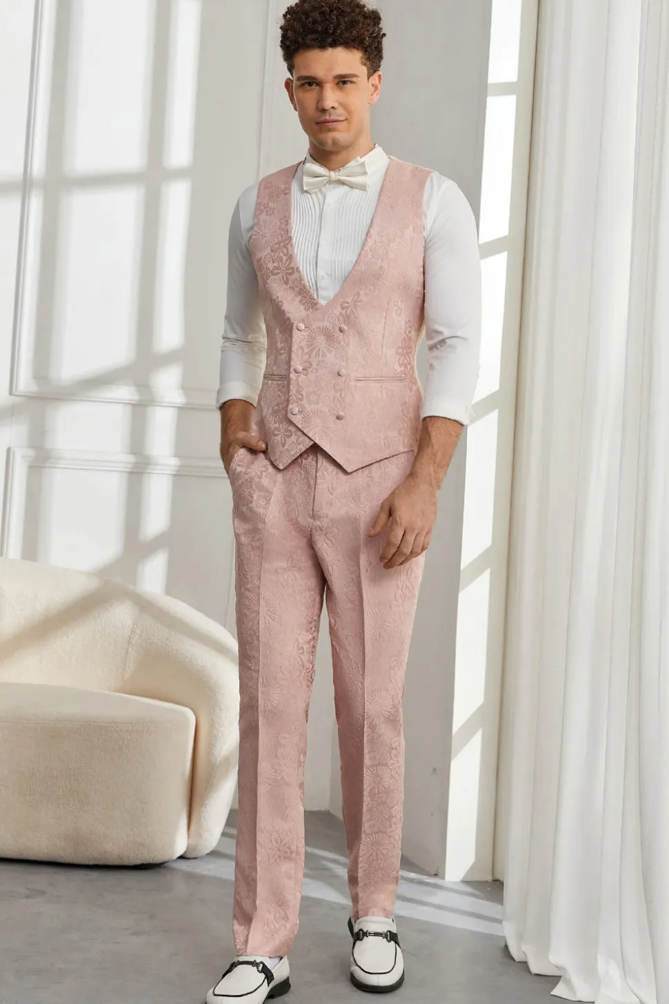 Silm Fit Pico Lapela Rosa Luz Jacquard Homens Fatos Homecoming