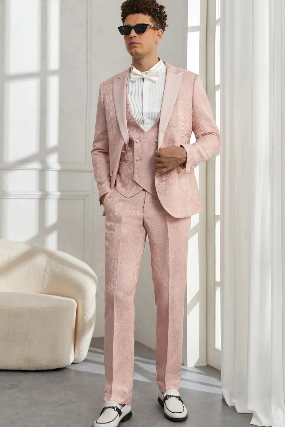 Silm Fit Pico Lapela Rosa Luz Jacquard Homens Fatos Homecoming