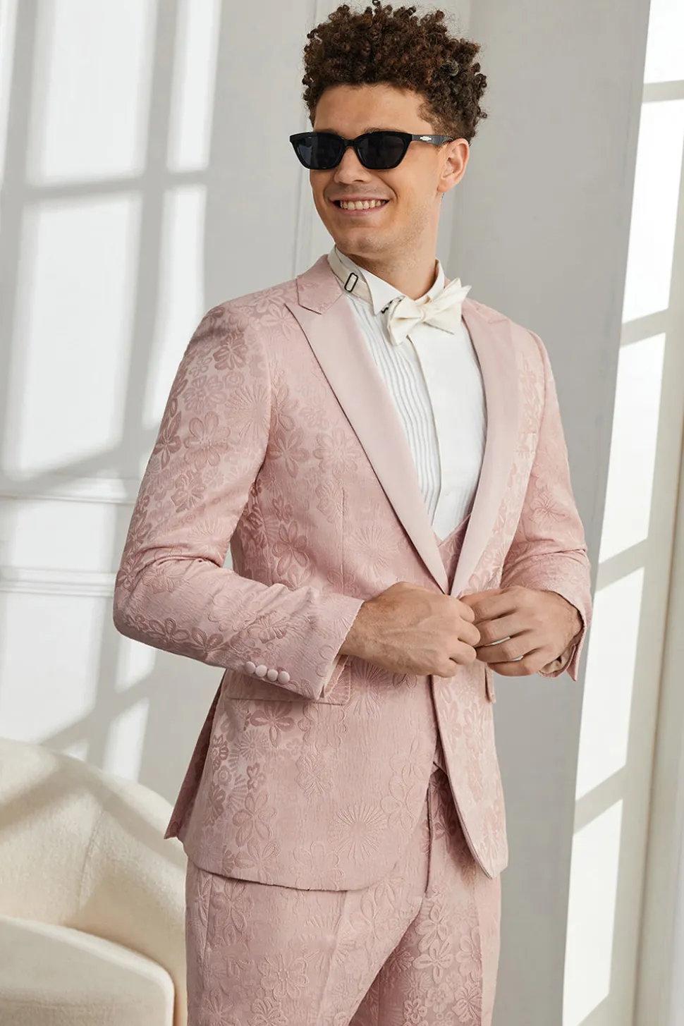 Silm Fit Pico Lapela Rosa Luz Jacquard Homens Fatos Homecoming