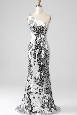 Silver Mirror Sequins Um Ombro Prom Dress com Hollow-out