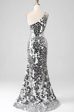 Silver Mirror Sequins Um Ombro Prom Dress com Hollow-out