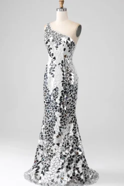Silver Mirror Sequins Um Ombro Prom Dress com Hollow-out