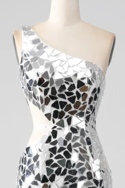 Silver Mirror Sequins Um Ombro Prom Dress com Hollow-out