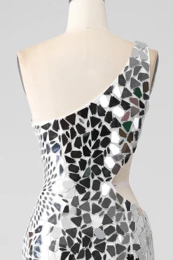 Silver Mirror Sequins Um Ombro Prom Dress com Hollow-out