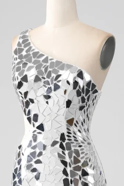 Silver Mirror Sequins Um Ombro Prom Dress com Hollow-out