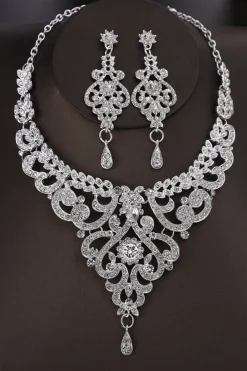 Silver Vintage Sparkling Glass Colar set Para Festa de Casamento