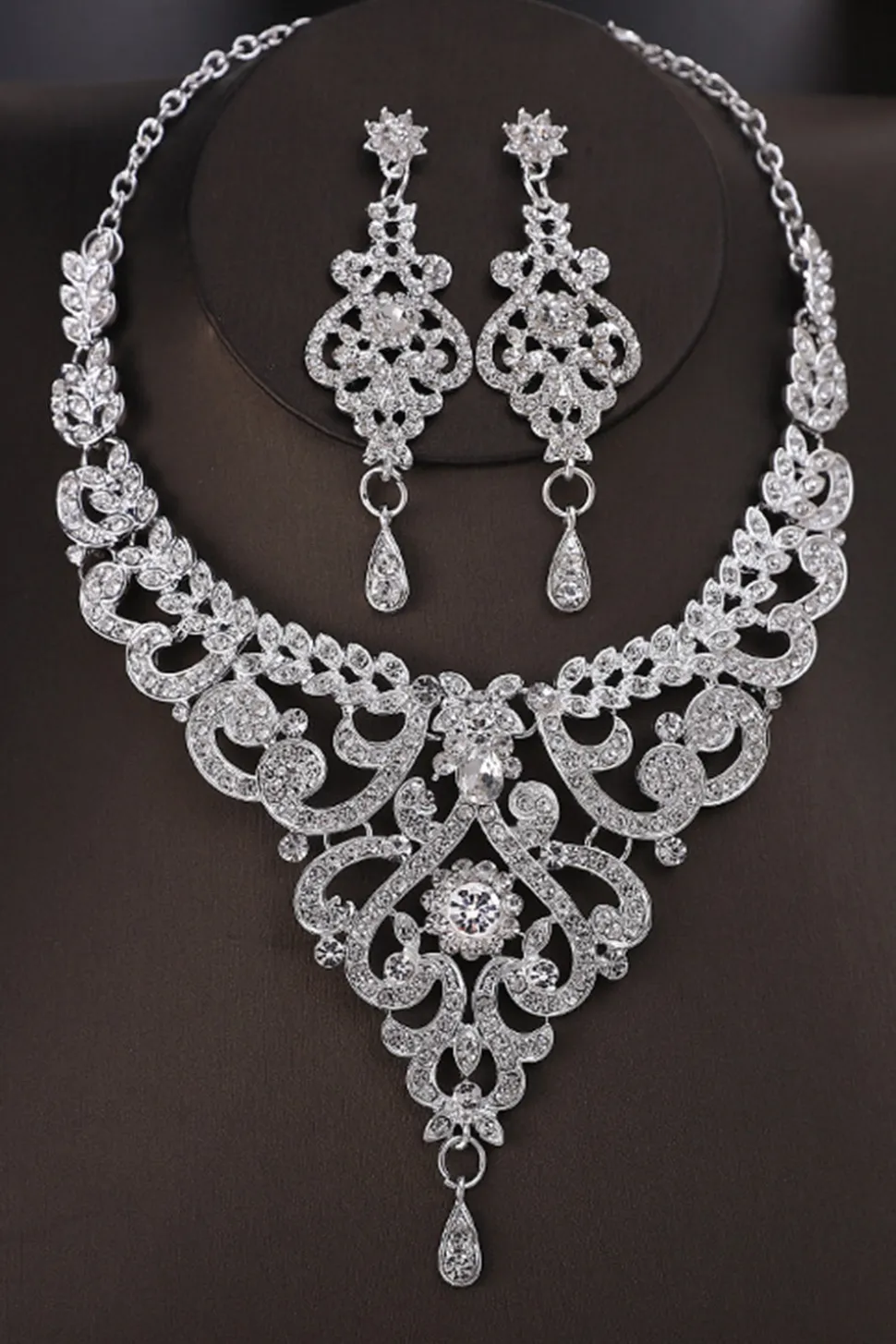 Silver Vintage Sparkling Glass Colar set Para Festa de Casamento