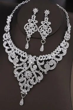 Silver Vintage Sparkling Glass Colar set Para Festa de Casamento