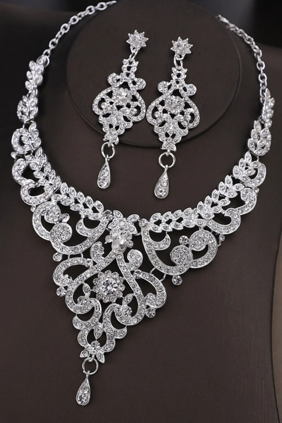 Silver Vintage Sparkling Glass Colar set Para Festa de Casamento