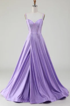 Simples Brilhante Lilás A-Line Lateral Fenda Corset Prom Dresses com strass