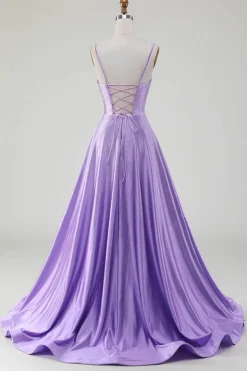 Simples Brilhante Lilás A-Line Lateral Fenda Corset Prom Dresses com strass