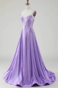 Simples Brilhante Lilás A-Line Lateral Fenda Corset Prom Dresses com strass