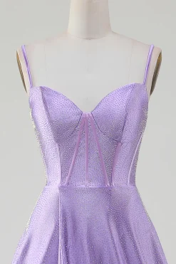 Simples Brilhante Lilás A-Line Lateral Fenda Corset Prom Dresses com strass