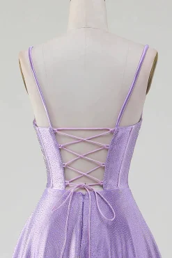 Simples Brilhante Lilás A-Line Lateral Fenda Corset Prom Dresses com strass