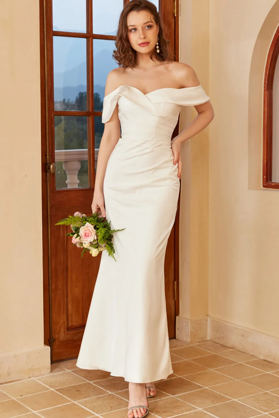 Simples fora do ombro vestido de casamento Boho