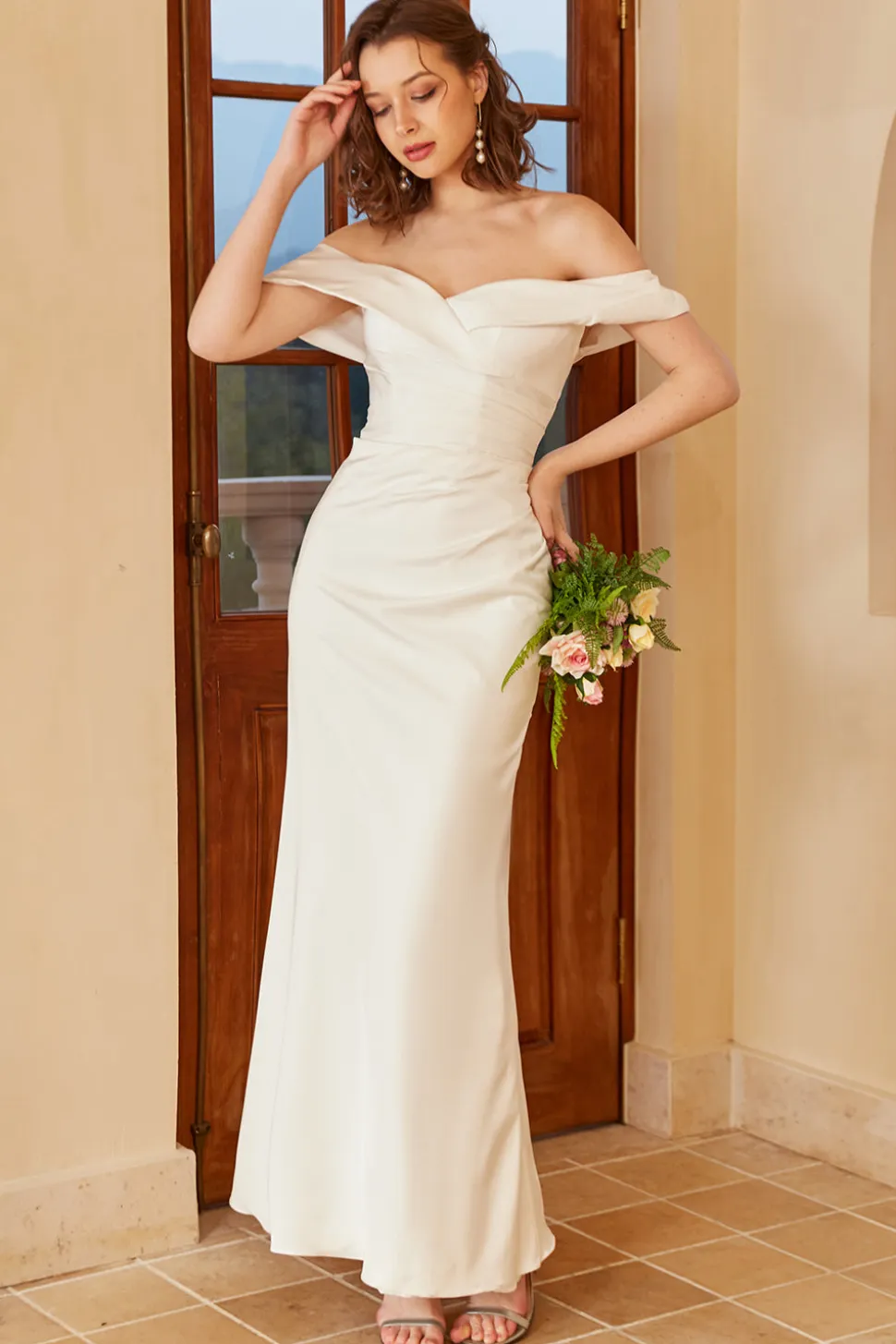 Simples fora do ombro vestido de casamento Boho