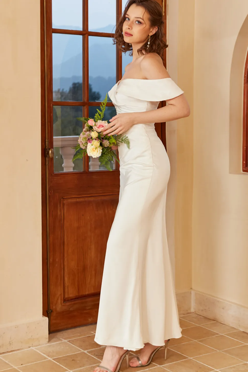 Simples fora do ombro vestido de casamento Boho