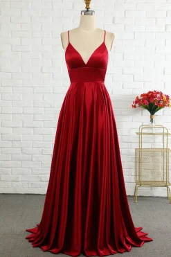 Simples linha spaghetti alças borgonha longo vestido de baile com cirss cross back