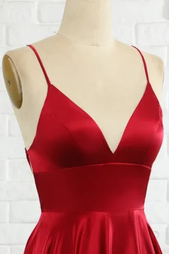 Simples linha spaghetti alças borgonha longo vestido de baile com cirss cross back
