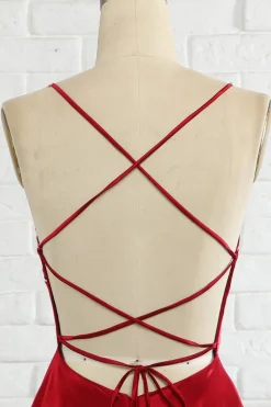 Simples linha spaghetti alças borgonha longo vestido de baile com cirss cross back