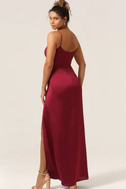 Simples Sereia Esparguete Correias Borgonha Vestido Longo Madrinha com Frente Dividida
