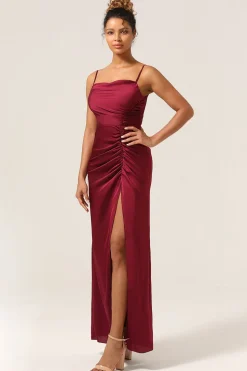Simples Sereia Esparguete Correias Borgonha Vestido Longo Madrinha com Frente Dividida